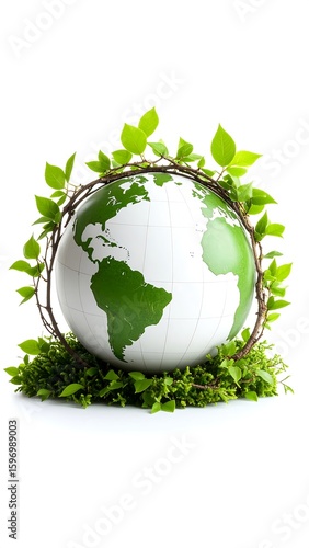 Earth globe encircled by greenery, isolated on white