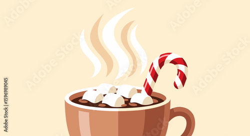Illustration of a mug with hot chocolate marshmallows and a candy cane