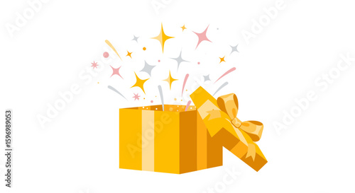 Open yellow gift box with ribbon and colorful stars coming out of the box