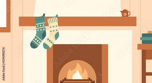 Two christmas stockings hanging above a fireplace in a cozy room scene