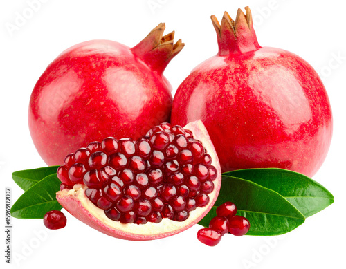 Pomegranate fruit and seeds isolated on a transparent background.