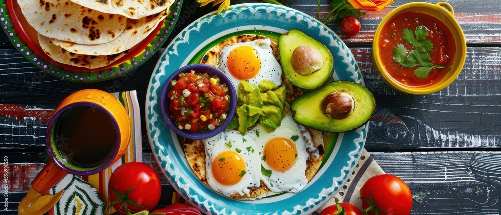 custom made wallpaper toronto digitalHuevos rancheros, salsa, avocado, and tortillas create a vibrant Mexican breakfast spread, served on colorful plates amidst morning ambiance.