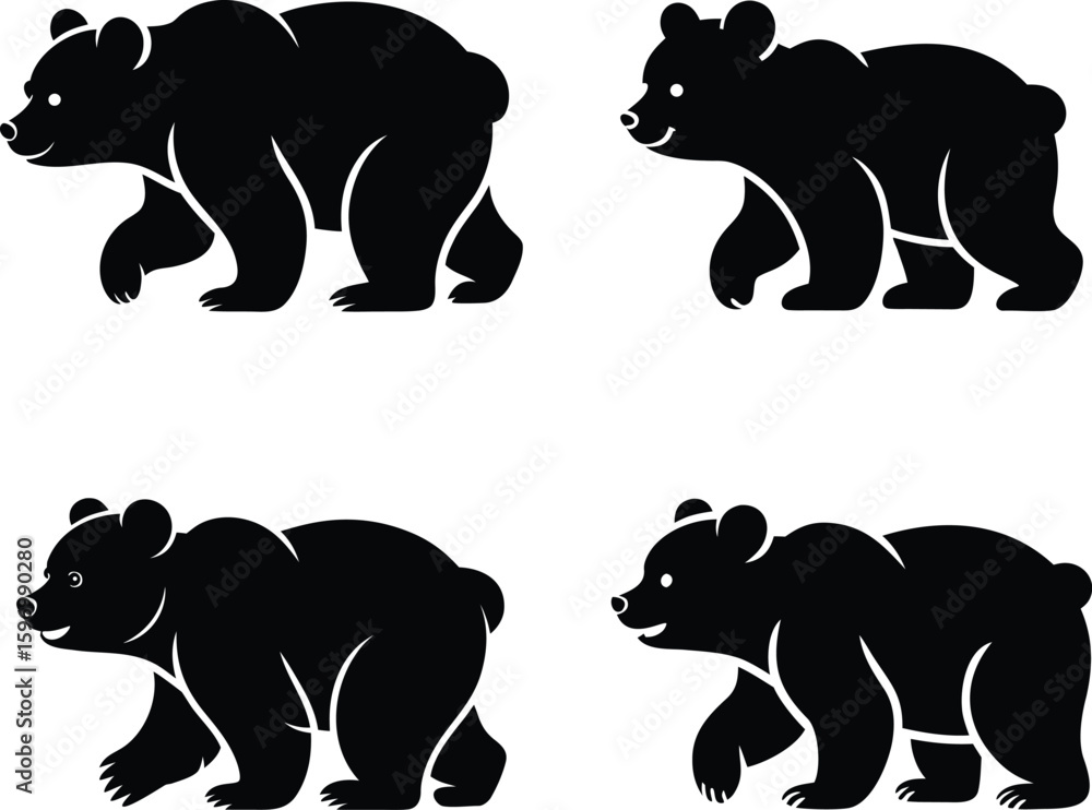 Fototapeta premium Four black silhouette bears walking in different poses isolated