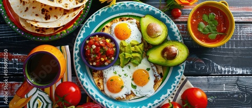 Wallpaper Mural Huevos rancheros, salsa, avocado, and tortillas create a vibrant Mexican breakfast spread, served on colorful plates amidst morning ambiance. Torontodigital.ca