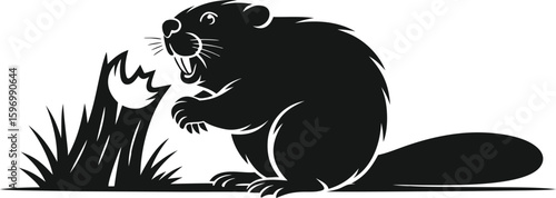 Fierce black silhouette of a beaver gnawing on a tree stump