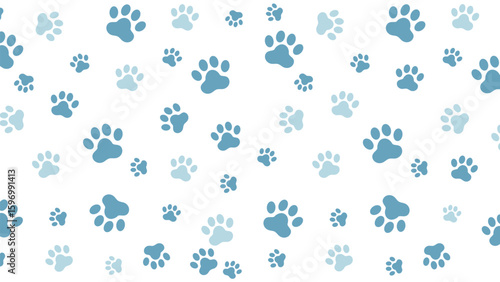 Playful seamless vector pattern featuring colorful blue animal paw prints on a clean white background. Perfect for pet shop or kids' themes