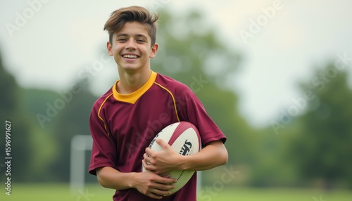 Cheerful teenage boy holding a rugby ball on a sunny field
