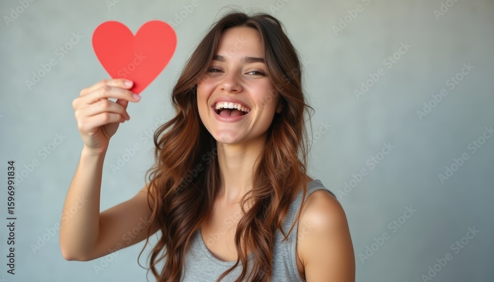 Joyful woman holding a red heart cutout Joyful woman holding a red heart cutout