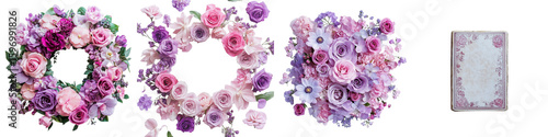 Floral Wreaths and a Vintage Journal Adorned with Roses, Featuring Delicate Pink, Purple, and Lavender Hues for a Timeless and Elegant Aesthetic - Isolated on Transparent Background