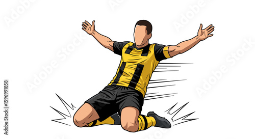 A triumphant soccer player in a yellow and black jersey celebrates a goal by kneeling with arms outstretched in victory.