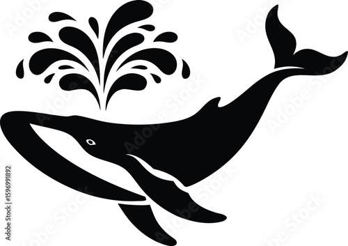 Stylized silhouette of a whale spouting water against a white background