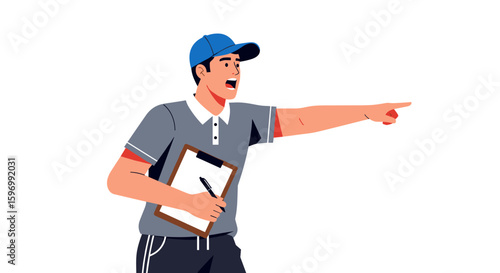 A young enthusiastic coach with a clipboard points and gives instructions, actively engaged in training or a sports game, demonstrating leadership and motivation.