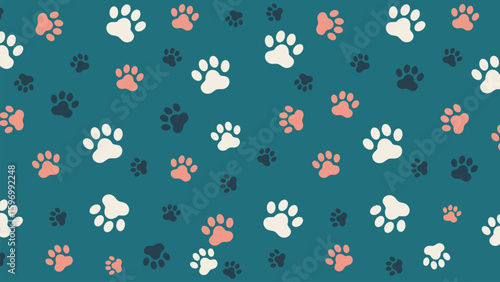 Playful seamless vector pattern featuring colorful animal paw prints on a stylish teal background. Perfect for pet accessories