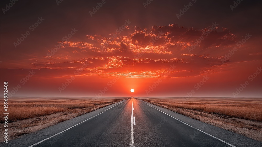 Fototapeta premium Long straight highway stretching into the horizon under a vibrant orange and pink sunset sky, empty and peaceful.