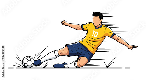 A dynamic illustration depicts a male soccer player in a vibrant yellow jersey sliding to kick the ball with intense speed and precision on a field.