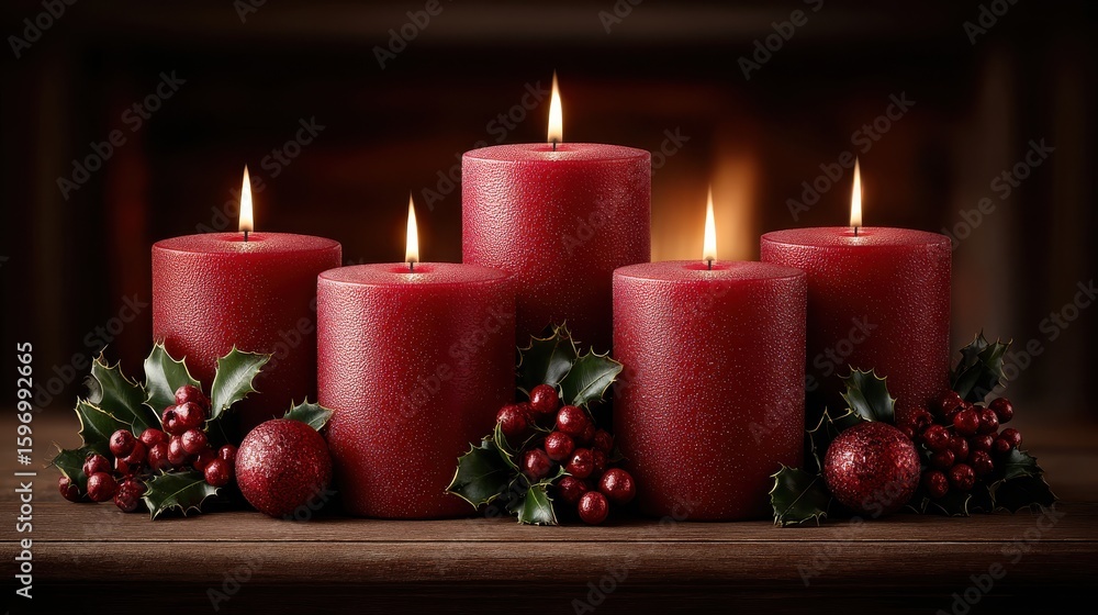 Red Christmas candles burning softly surrounded by holly leaves and ornaments on a cozy mantelpiece. Red Christmas candles burning softly surrounded by holly leaves and ornaments on a cozy mantelpiece.