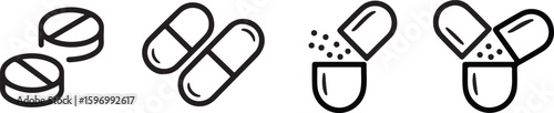 Black and white pill and capsule icons showing different stages of medication on a white background