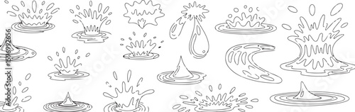 Black and white water splash illustrations set with droplets and ripples on white background