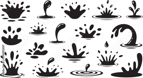 Black water splash illustrations on white background various shapes and sizes of liquid droplets and ripples
