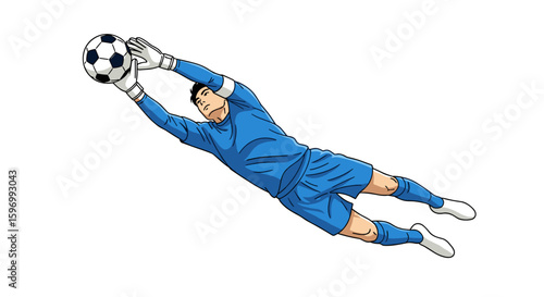 An animated soccer goalkeeper in a blue uniform makes a dynamic diving save, expertly catching the black and white ball against a clean white background.
