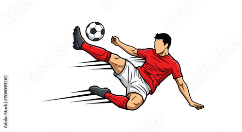 Dynamic action shot of a soccer player in red kicking a ball, showcasing intense athleticism and speed against a white background, ideal for sports-themed designs and marketing materials.
