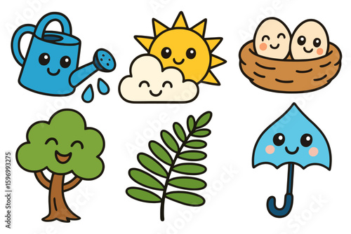 Colorful nature cartoon icons designed for UI, kids’ themes, and garden apps. Each icon has a friendly face and thick bold outline.