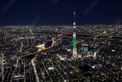 スカイツリーと隅田川・夜景・Aerial view