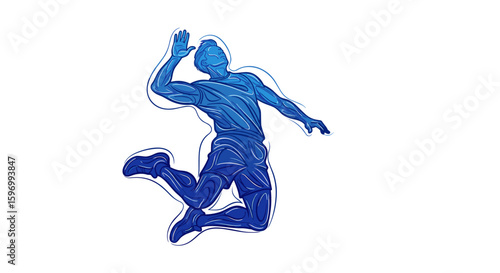 Vibrant blue graphic illustration of a male volleyball player executing a powerful jump spike, embodying athletic performance and competitive spirit.