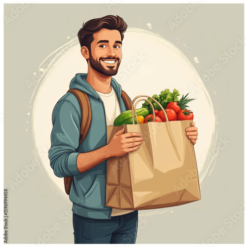 A man holds a large grocery bag in his hands. Vector illustration. A drawing symbolizing shopping and daily duties