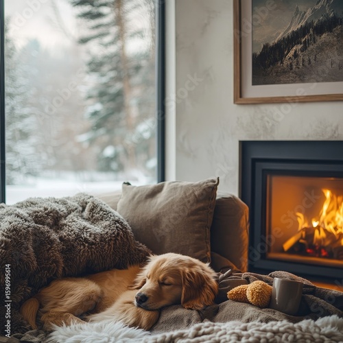 A dog is laying on a bed next to a fireplace