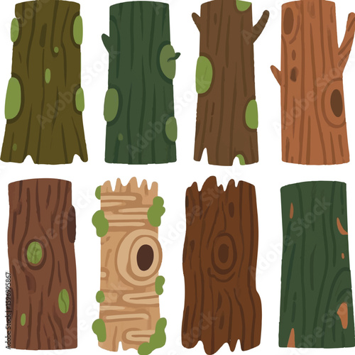 Collection of Cartoon Tree Trunks with Moss and Wood Grain Textures in Various Colors and Styles