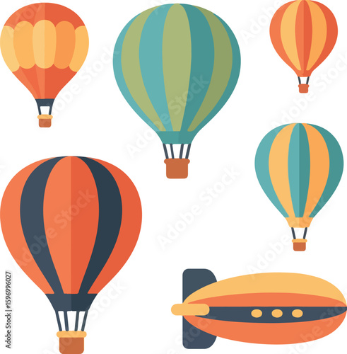 Colorful Hot Air Balloons and an Airship in a Flat Design Illustration