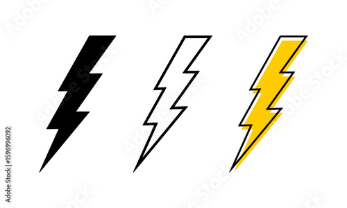 Collection of bolt icons. Thunderstorm signs isolated on white background. Lightning, flash light, energy or battery charge symbols. Dramatic or danger anime pictograms. Vector graphic illustration.