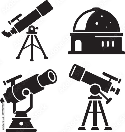 Collection of Telescope and Observatory Icons in Black Silhouette Style for Astronomy and Science Projects