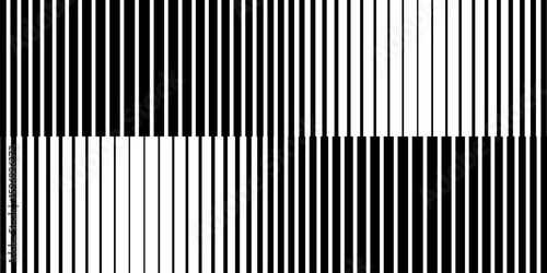 Vertical black and white stripes pattern. Parallel straight lines background. Wallpaper with dynamic ripple halftone effect. Abstract geometric print. Vector graphic illustration.