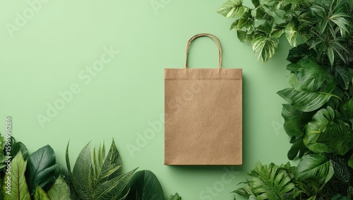 Sustainable paper bag, surrounded by greenery