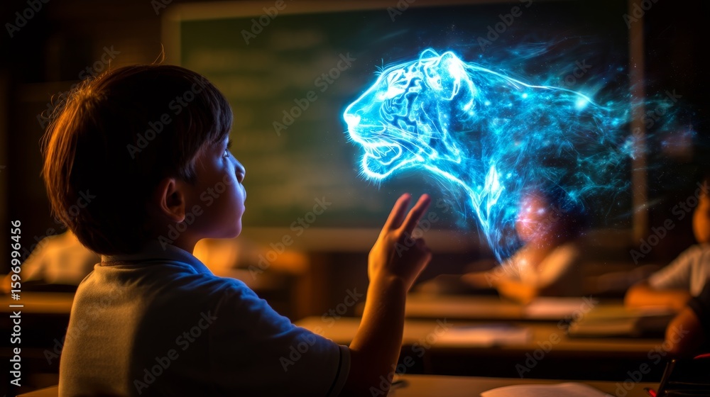 Fototapeta premium Enchanting Fusion: Holographic Learning with Magical Creatures in a Techno-Fantasy Classroom
