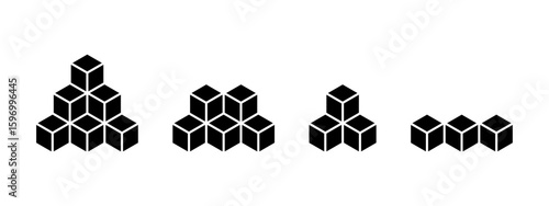 Cube shapes in 3D projection. Isometric squares isolated on white background. Building blocks toys. Cubic forms with 3 sides. Ice or sugar bricks, boxes silhouettes. Vector graphic illustration.