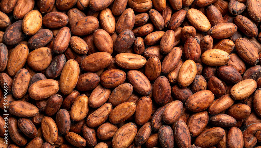 Close-up of raw cocoa beans, natural brown texture background Close-up of raw cocoa beans, natural brown texture background