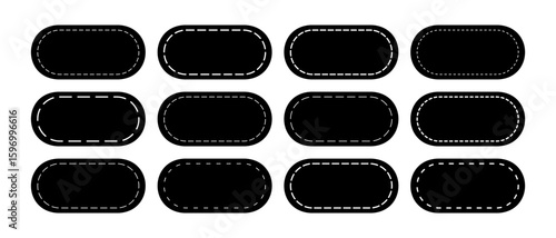 Set of black oval rectangular shapes with dashed lines. Dotted geometric figures isolated on white background. Cut here pictograms for sale coupons or price tags. Vector graphic illustration.
