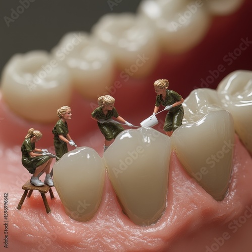 Miniature Workers Cleaning Teeth A Creative Dental Hygiene Concept Illustration