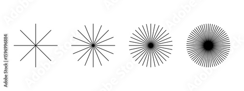 Collection of straight radial lines. Set of sun rays icons isolated on white background. Radiance, explosion or firework symbols. Sunlight, sunshine or sunbeam shapes. Vector graphic illustration.