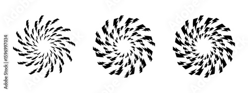 Bolt swirled silhouettes. Black thunderbolt signs in circular tornado arrangement isolated on white background. Flash, energy, danger or shock cartoon symbols. Vector graphic illustration.