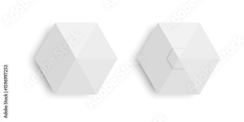 Awnings overhead view. Gazebo parasols in hexagon shape. Event or beach sunshades. Stand marquees with shadows. Market canopy mockups isolated on white background. Vector realistic illustration.