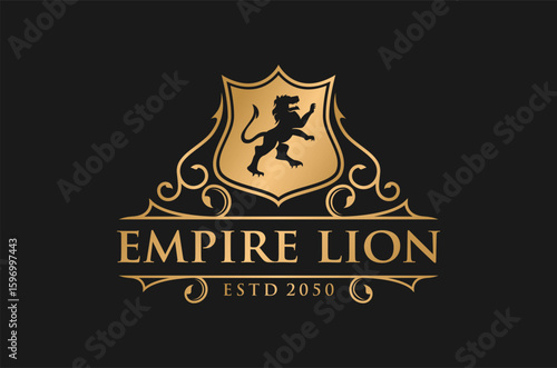 Elegant heraldic golden lion crest logo design.  Animal mythology  ancient vector illustration