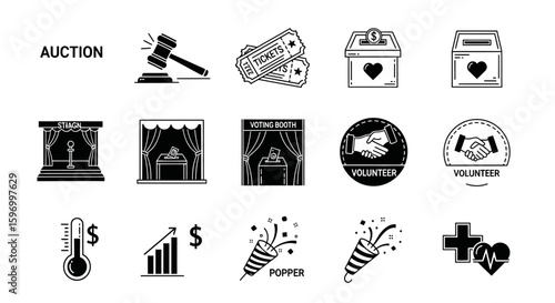 Vector Minimalist SVG Icon Set with Voting and Election Elements in Flat Style with Black and White Colors