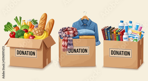 Minimalist Vector SVG Illustration of Donation Boxes with Food Clothes and Supplies in Flat Design Style