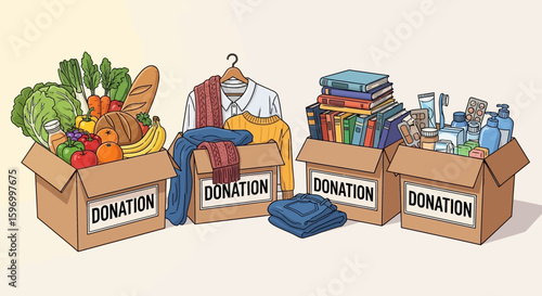Vector SVG Illustration of Donation Boxes with Clothing Books and Supplies in Modern Flat Style for Charitable Campaigns