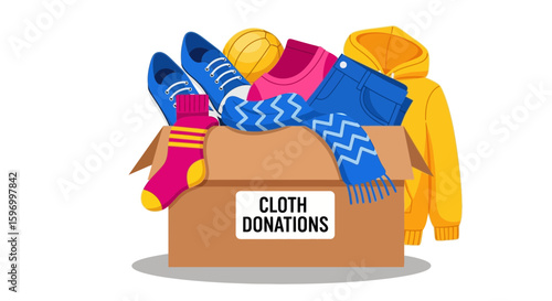 Vector SVG Illustration of Clothing Donation Box with Apparel in Modern Flat Style Bright Colors
