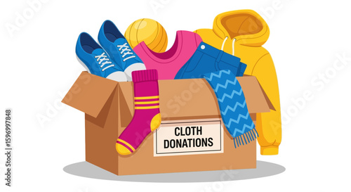 Icon Vector SVG Illustration of Clothing Donation Box with Shoes Socks Hoodie and T-Shirt in Flat Modern Style for Charitable Campaigns